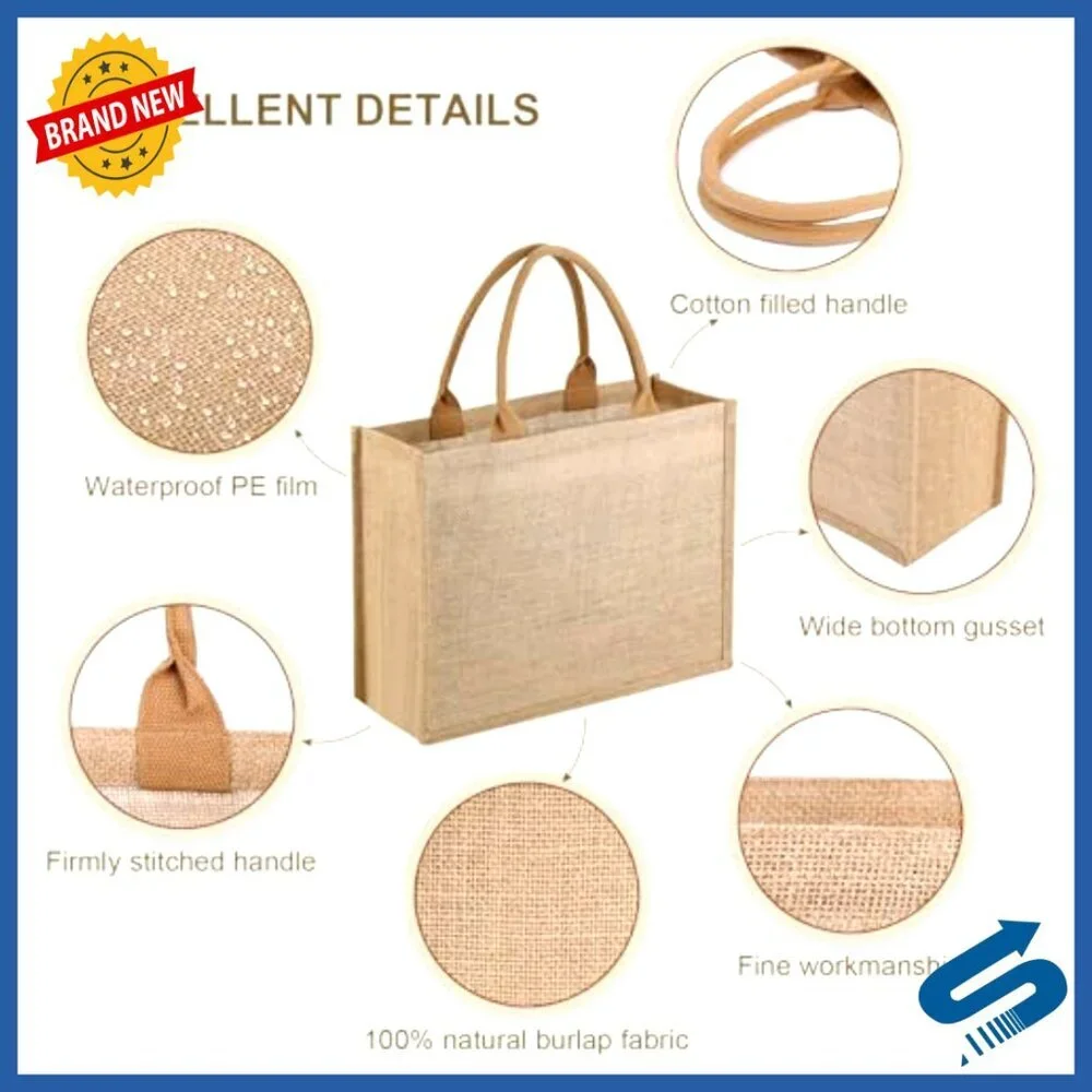 Reusable Jute Tote Bags Natural Burlap Large Capacity Grocery Shopping Travel